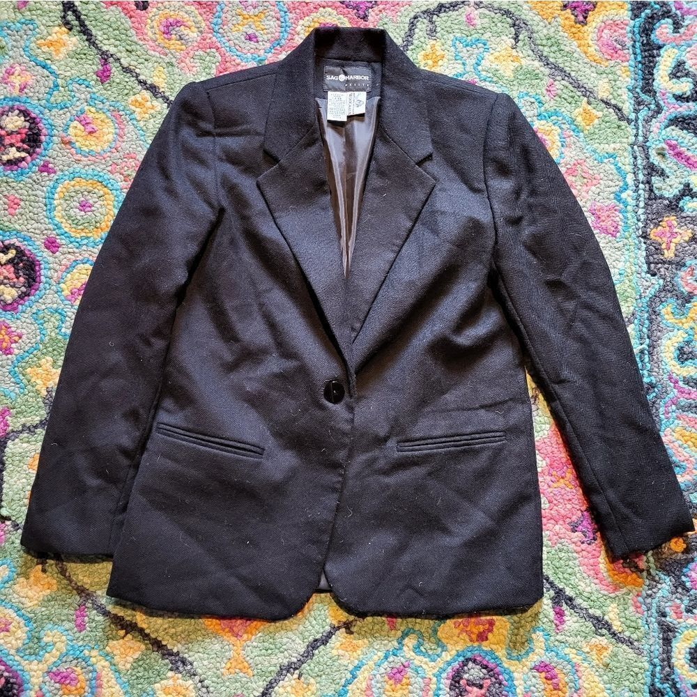 Vintage Sag Harbor Wool Blazer Jacket Single Button Black 6 Petite